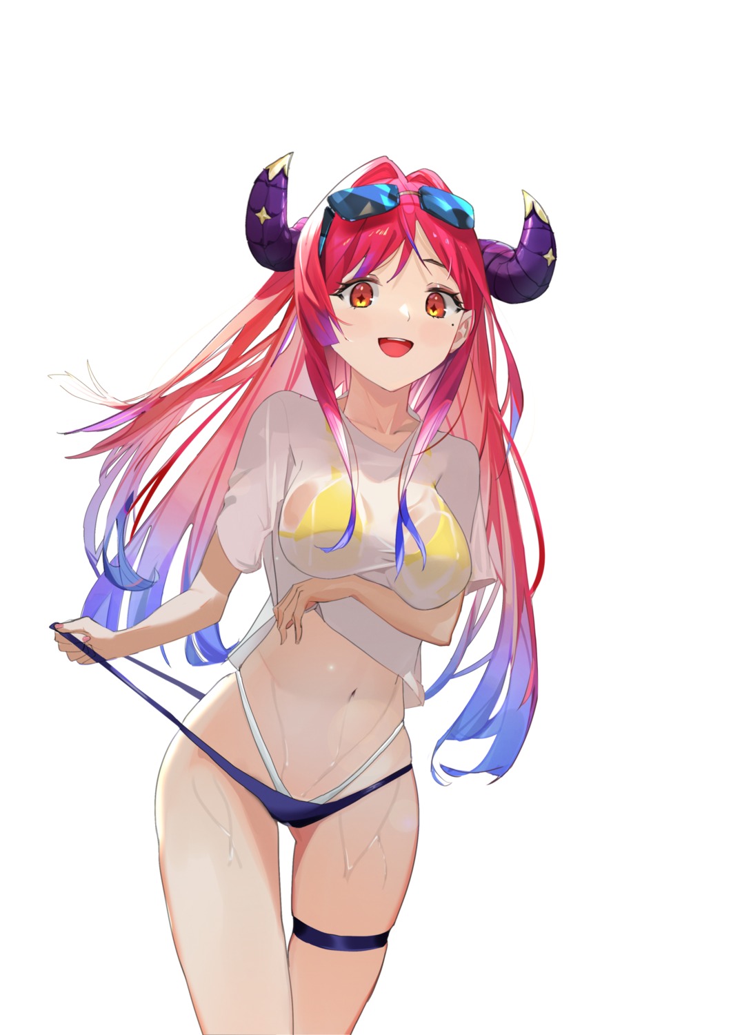 bikini garter horns megane panty_pull pointy_ears see_through shirt_lift swimsuits undressing wet wet_clothes xiami333