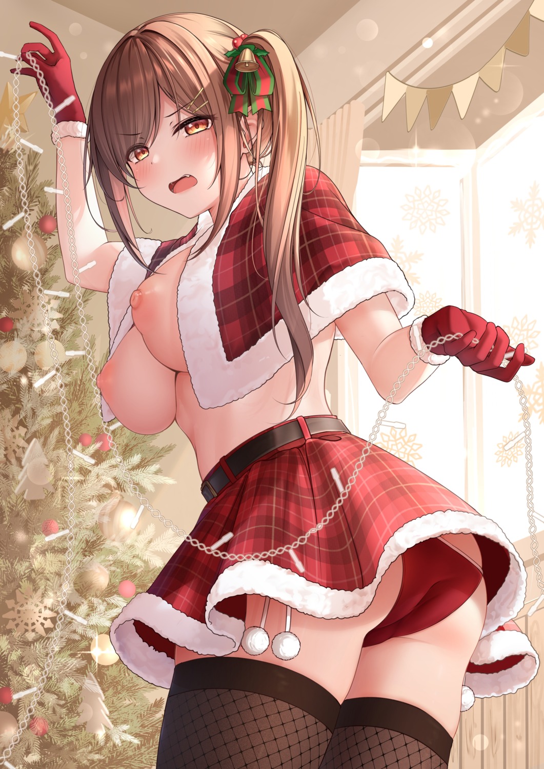 ass bikini breasts christmas fishnets monaka_curl nipples no_bra skirt_lift swimsuits thighhighs