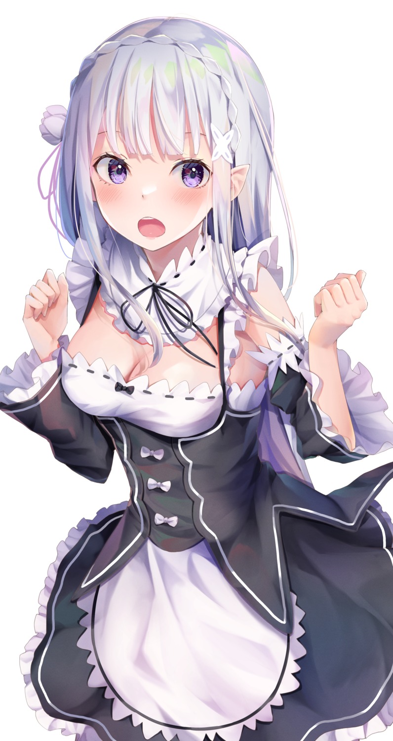 elf emilia_(re_zero) maid no_bra pointy_ears re_zero_kara_hajimeru_isekai_seikatsu yuunamida_uyu