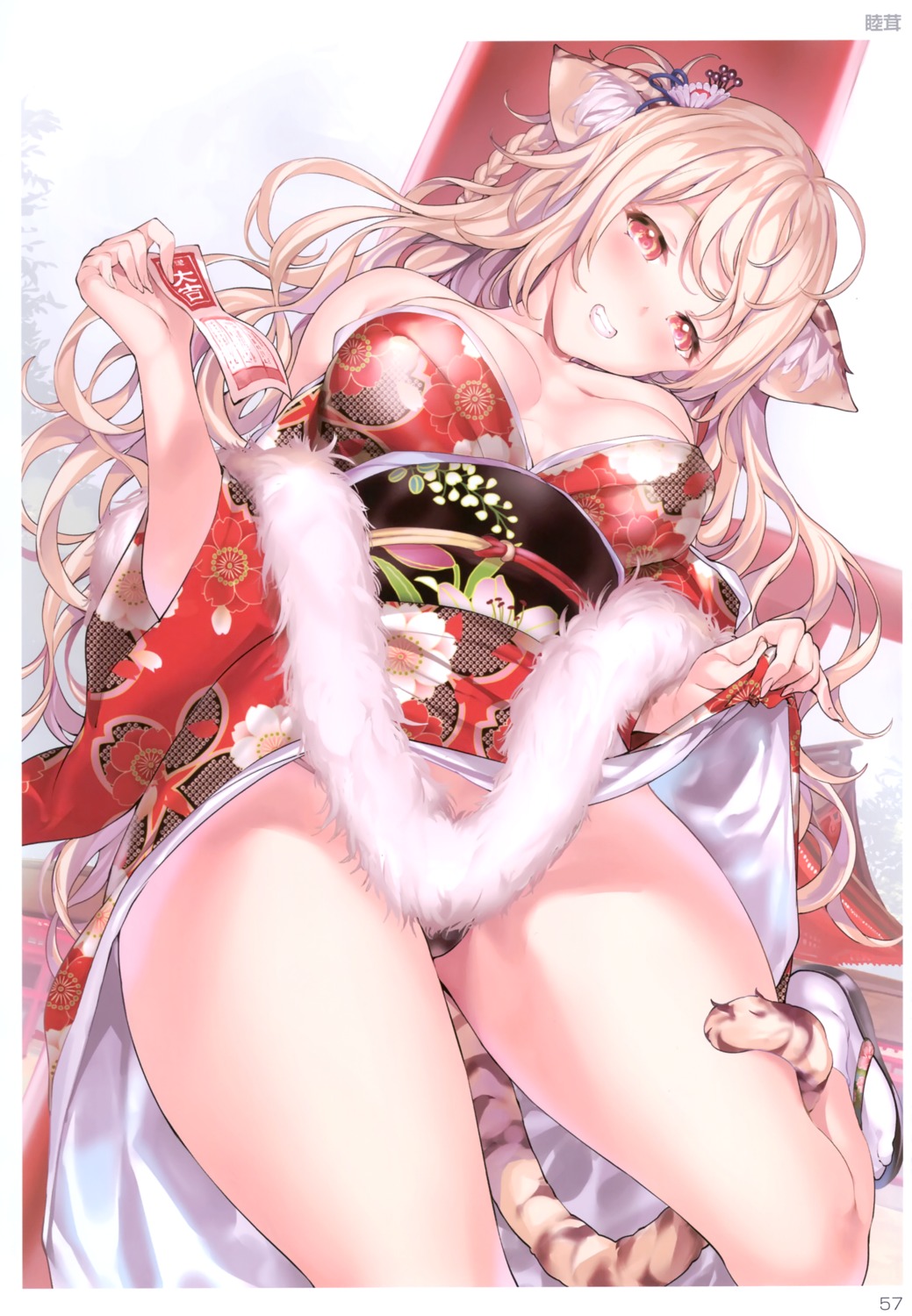 animal_ears kimono mutsutake nekomimi no_bra open_shirt pantsu skirt_lift tail thong toranoana