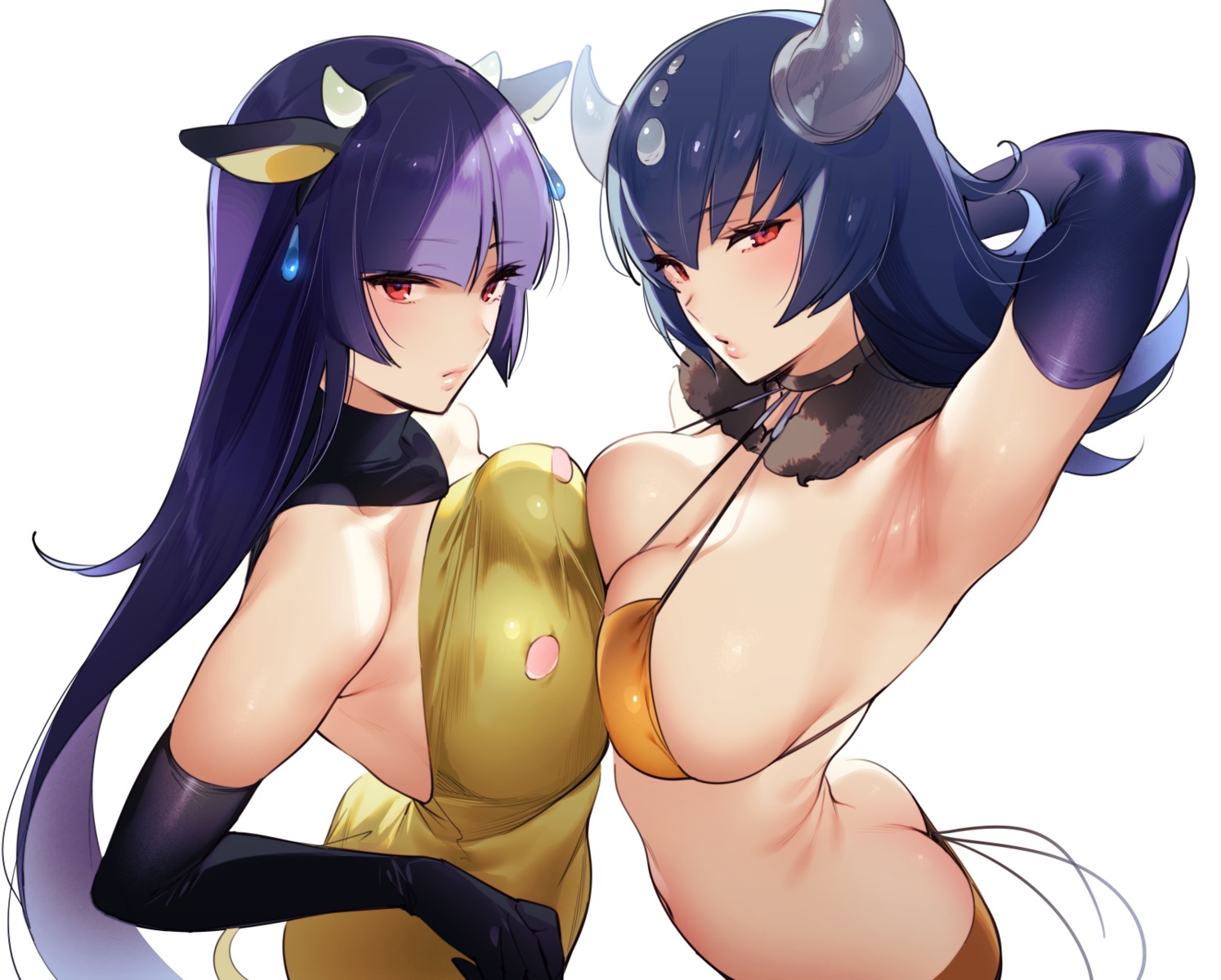 animal_ears bikini hizuki_akira horns no_bra swimsuits symmetrical_docking