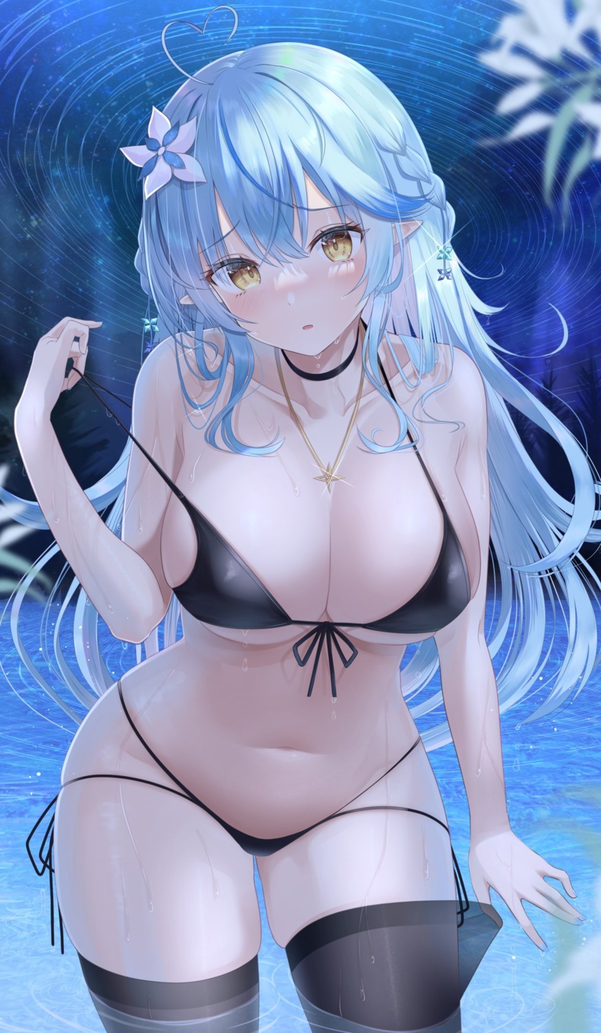 bikini elf erect_nipples hololive kachikachipiroo pointy_ears see_through swimsuits thighhighs undressing wet yukihana_lamy