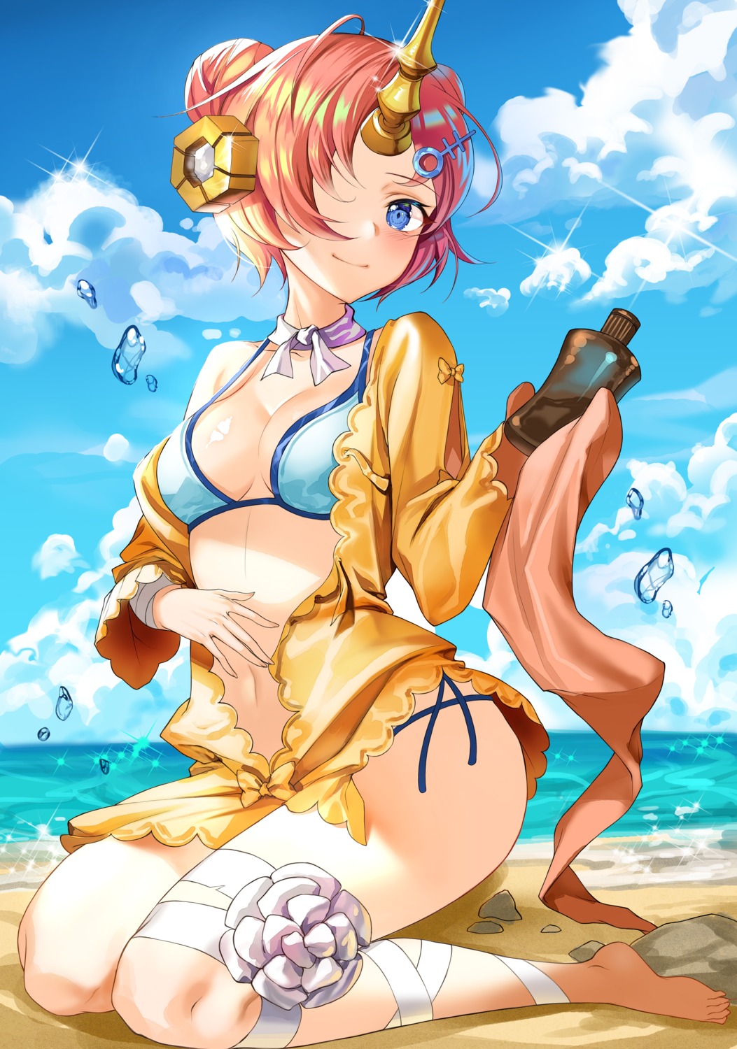 bandages bikini cleavage fate/grand_order frankenstein's_monster_(fate) harusame_(user_wawj5773) horns open_shirt swimsuits