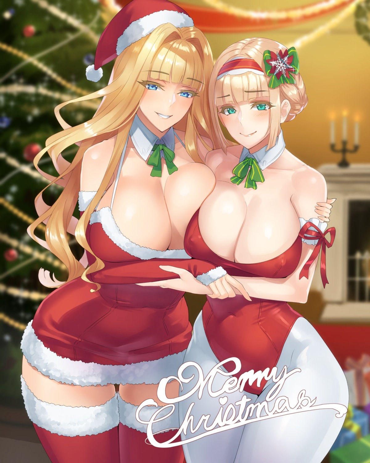 breast_hold christmas cleavage damegane dress erect_nipples leotard pantyhose thighhighs