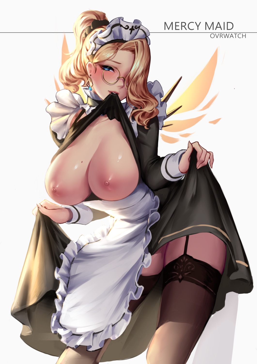 breasts cianyo maid megane mercy_(overwatch) nipples no_bra overwatch shirt_lift skirt_lift stockings thighhighs wings