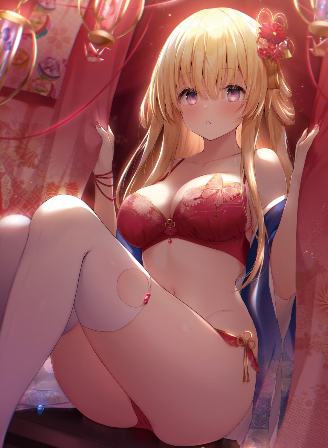 bra detexted japanese_clothes jiiwara open_shirt pantsu photoshop thighhighs