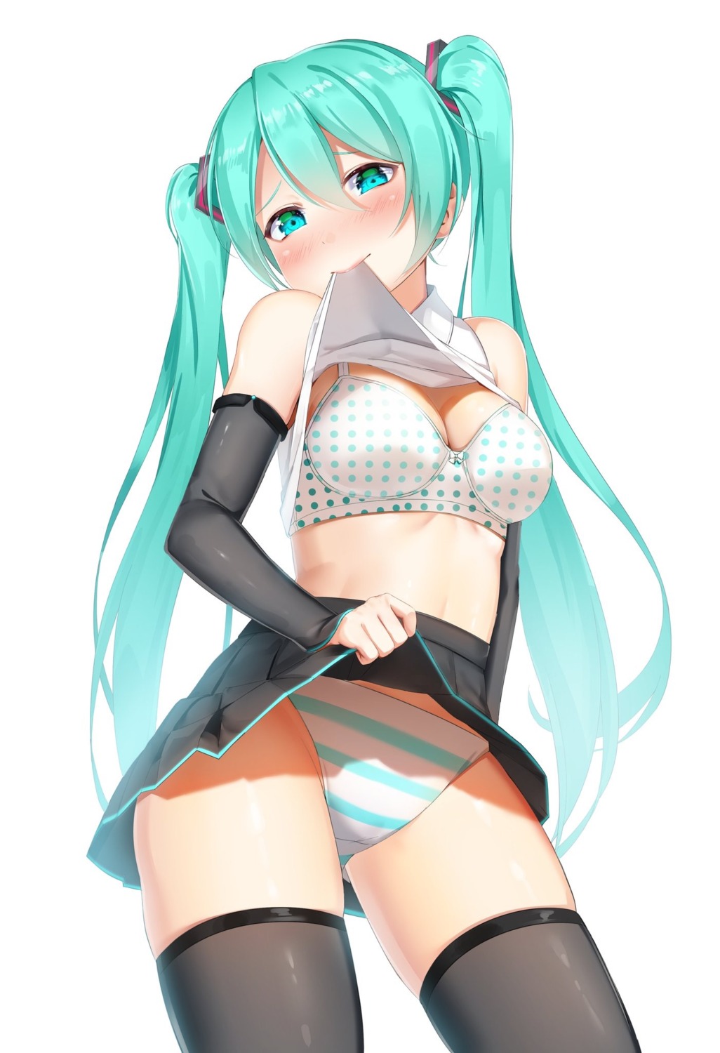 bra cleavage hachinatsu hatsune_miku pantsu shimapan shirt_lift skirt_lift thighhighs vocaloid