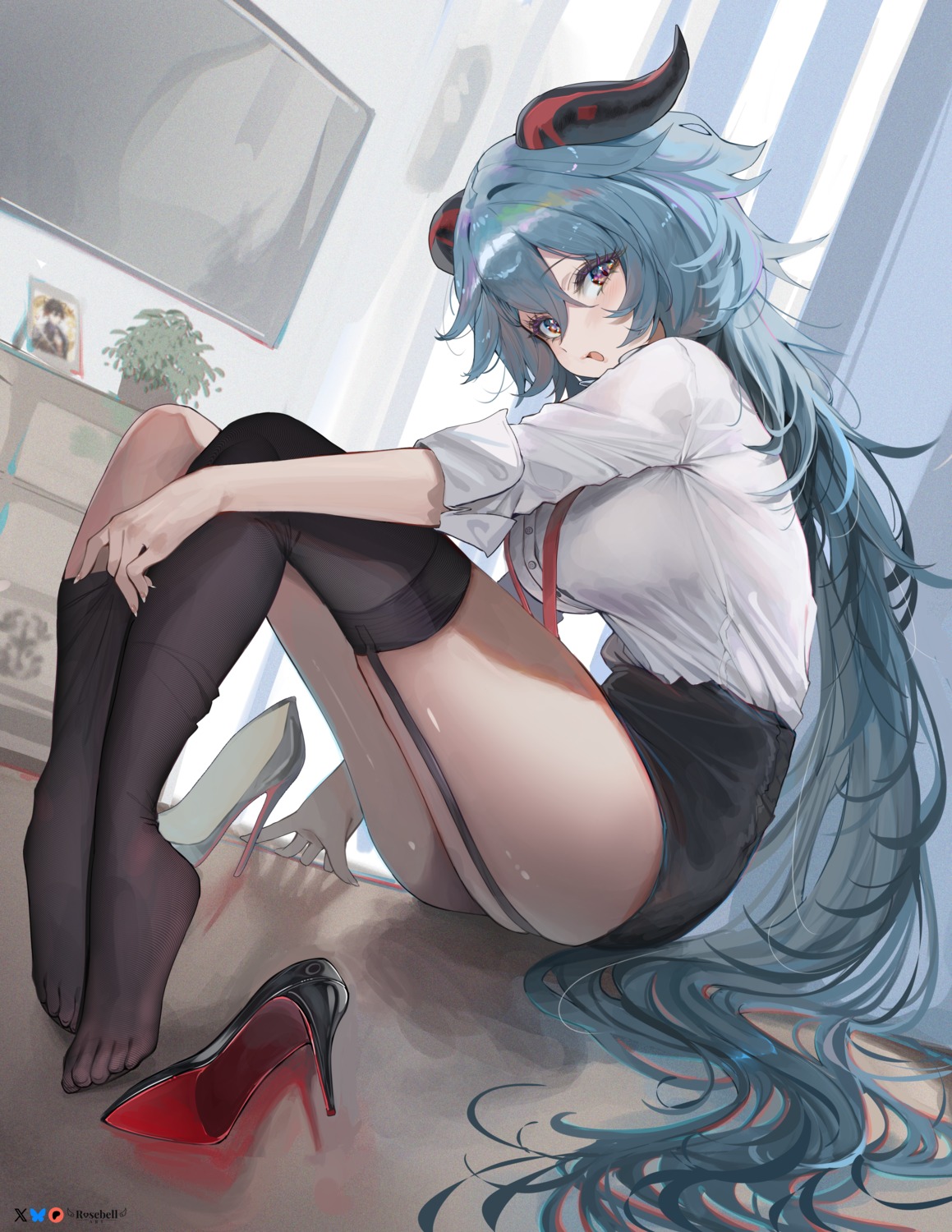 dress_shirt ganyu genshin_impact horns rosebell stockings thighhighs undressing