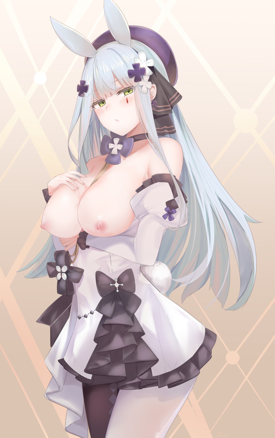 animal_ears breast_hold breasts bunny_ears dress girls_frontline hk416_(girls_frontline) nipples no_bra pantyhose ru_zhai tail