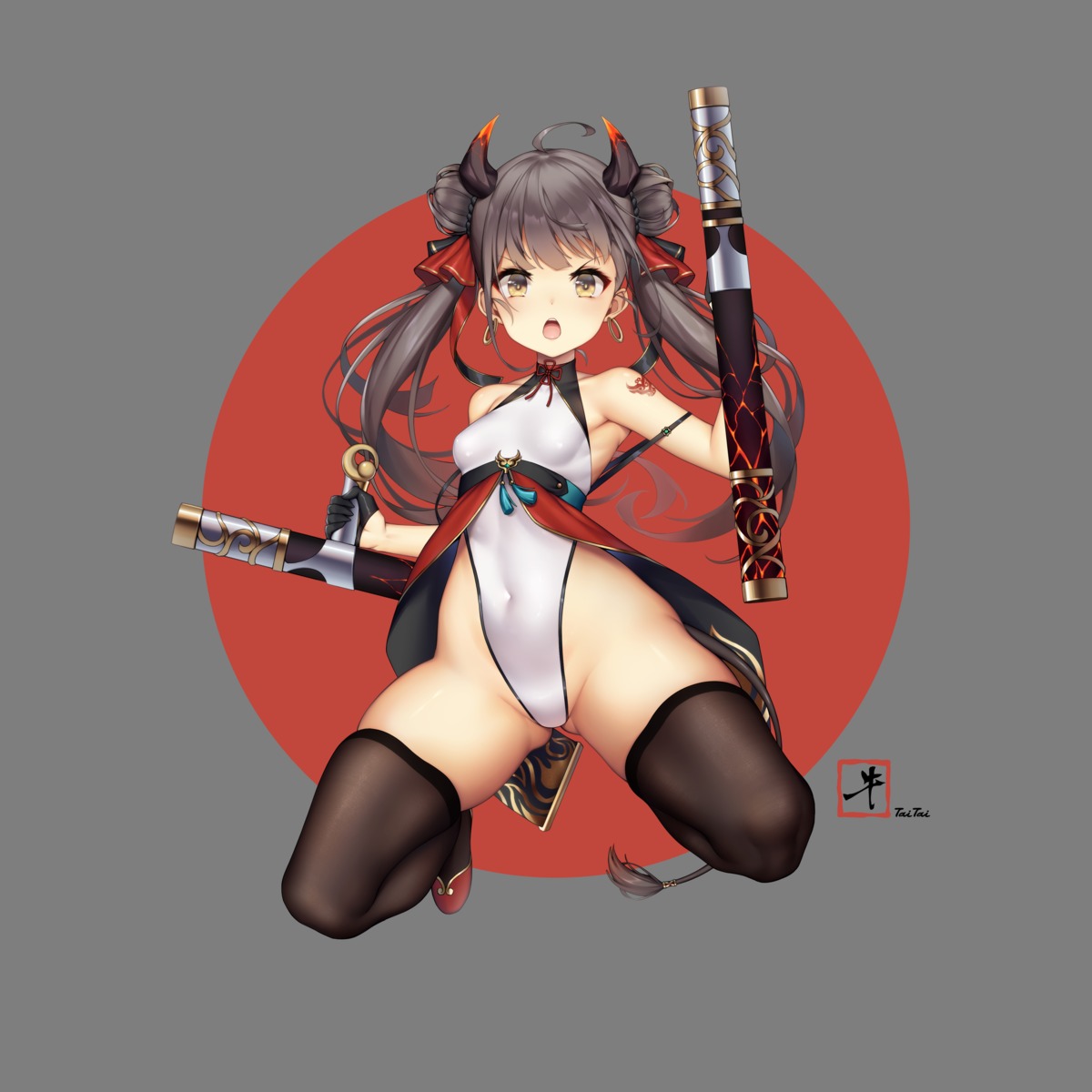 horns leotard tail taitai thighhighs weapon