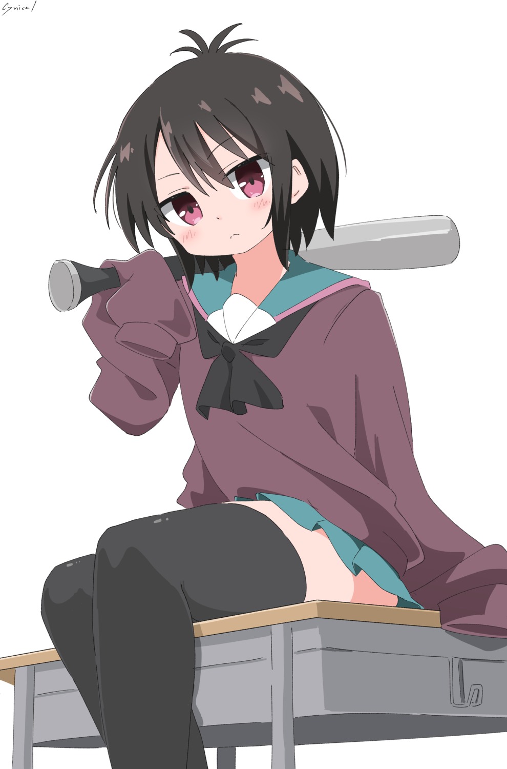 a_channel baseball cynical_(llcbluckg_c004) ichii_tooru seifuku skirt_lift sweater thighhighs weapon