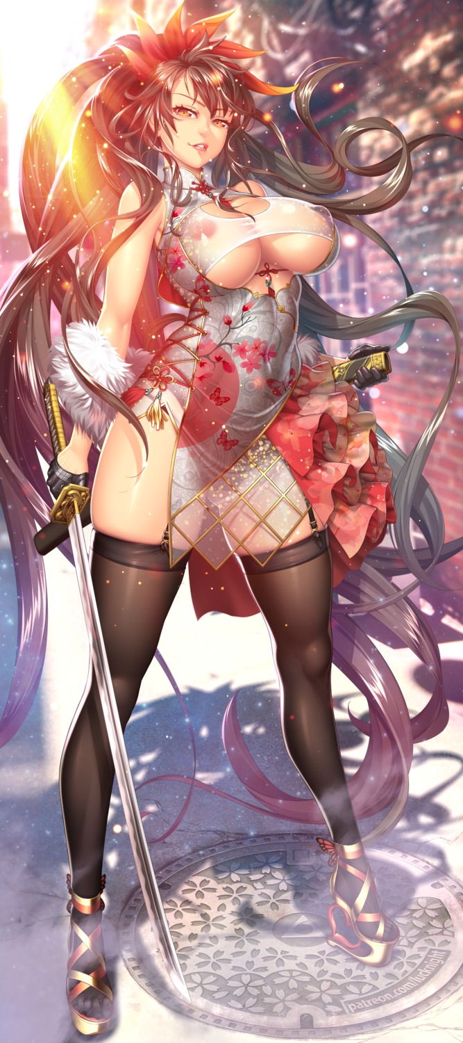 chinadress heels lucknight nipples no_bra see_through stockings sword thighhighs tower_of_god