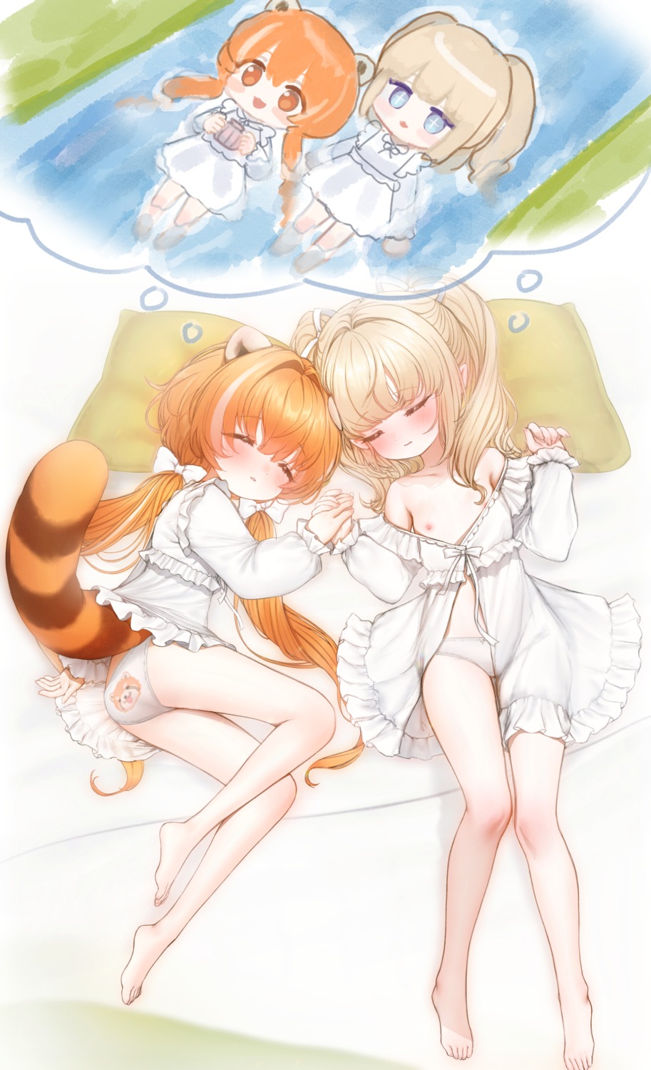 animal_ears ass breasts chibi dress loli nipples no_bra open_shirt pantsu pointy_ears skirt_lift tagme tail wet yuri