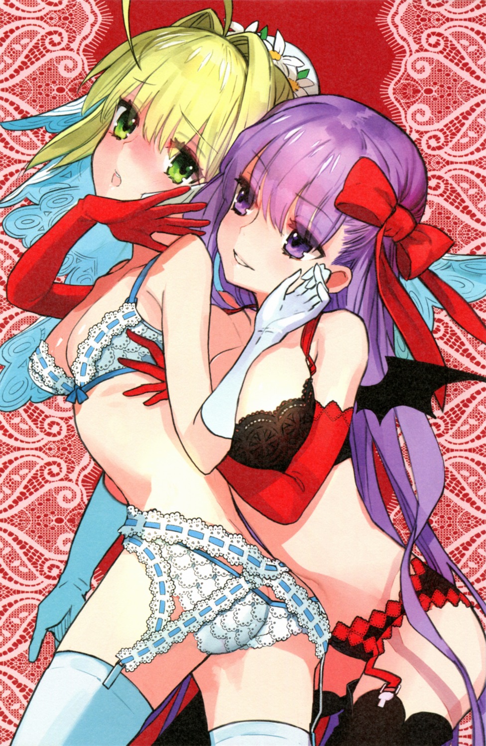bb_(fate/extra_ccc) bra cleavage fate/extra fate/extra_ccc fate/stay_night garter_belt pantsu paper_texture saber_bride saber_extra stockings thighhighs wada_rco yuri