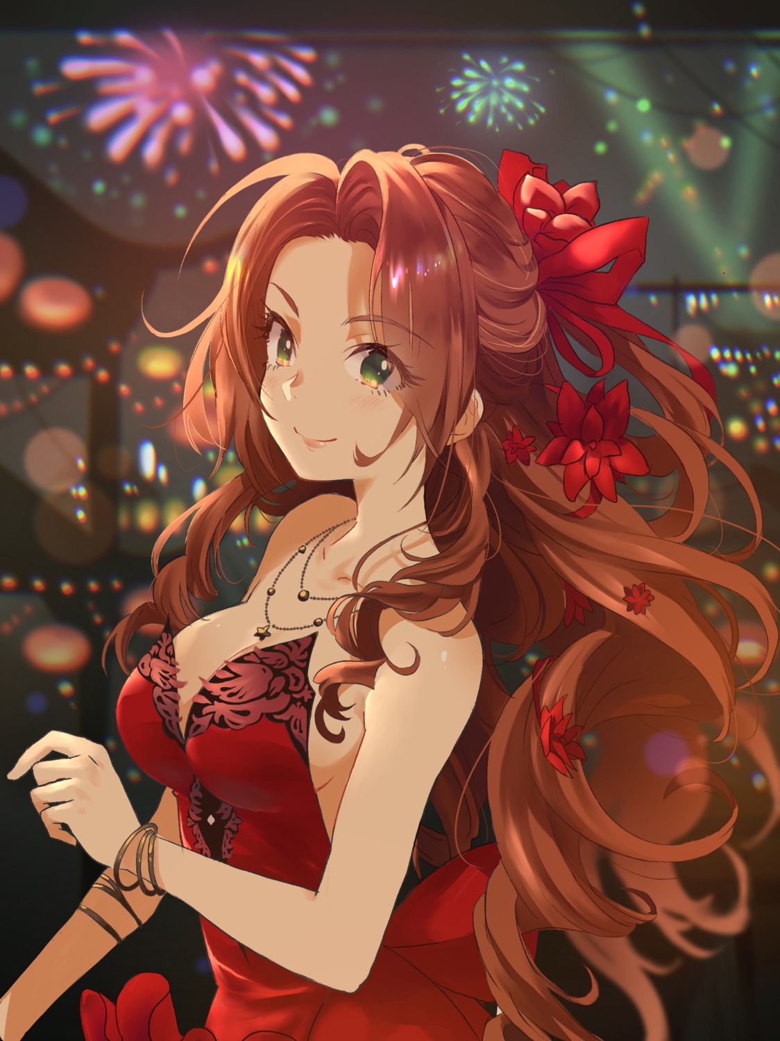 aerith_gainsborough cleavage dress final_fantasy final_fantasy_vii goku-chan no_bra