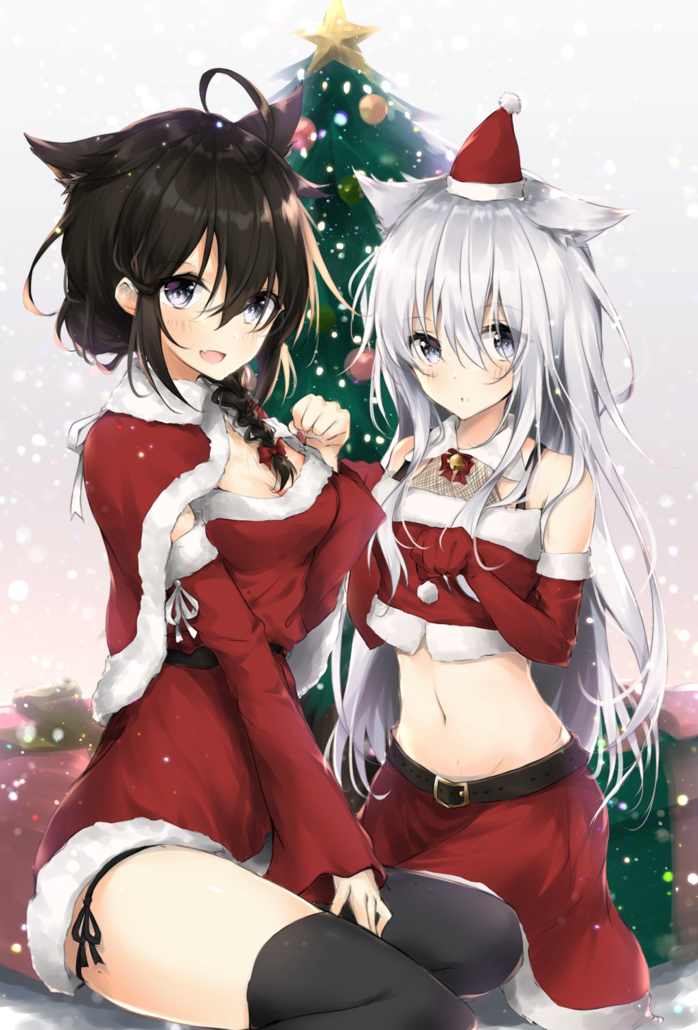 animal_ears christmas cleavage dress hibiki_(kancolle) kantai_collection nekomimi shigure_(kancolle) thighhighs uzuki_tsukuyo