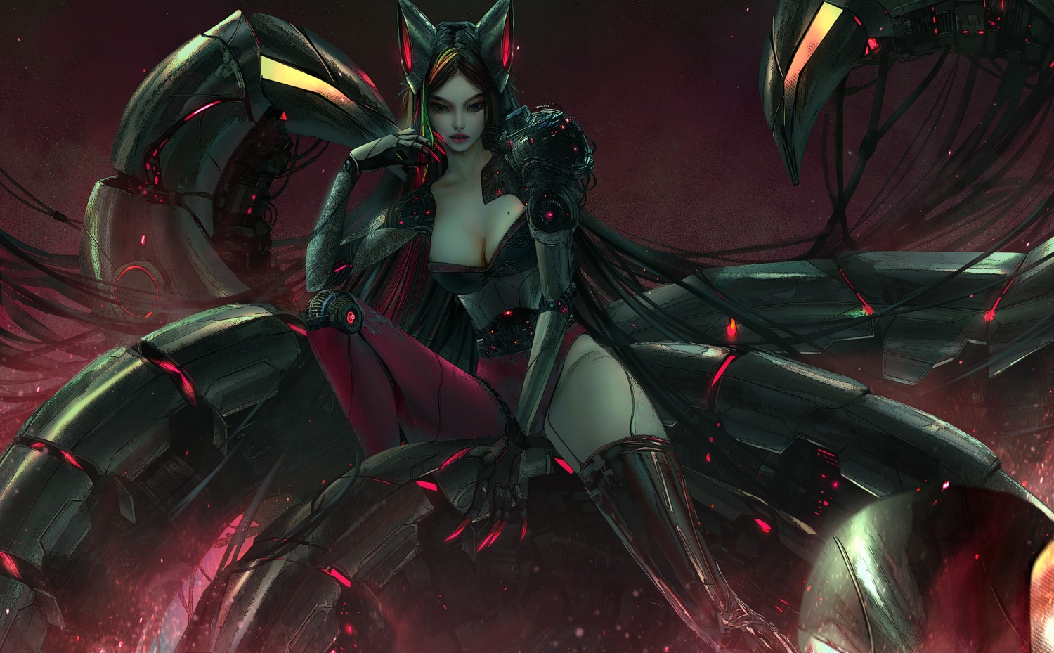 ahri animal_ears cyberpunk_2077 league_of_legends mecha mecha_musume nixeu no_bra tail thighhighs