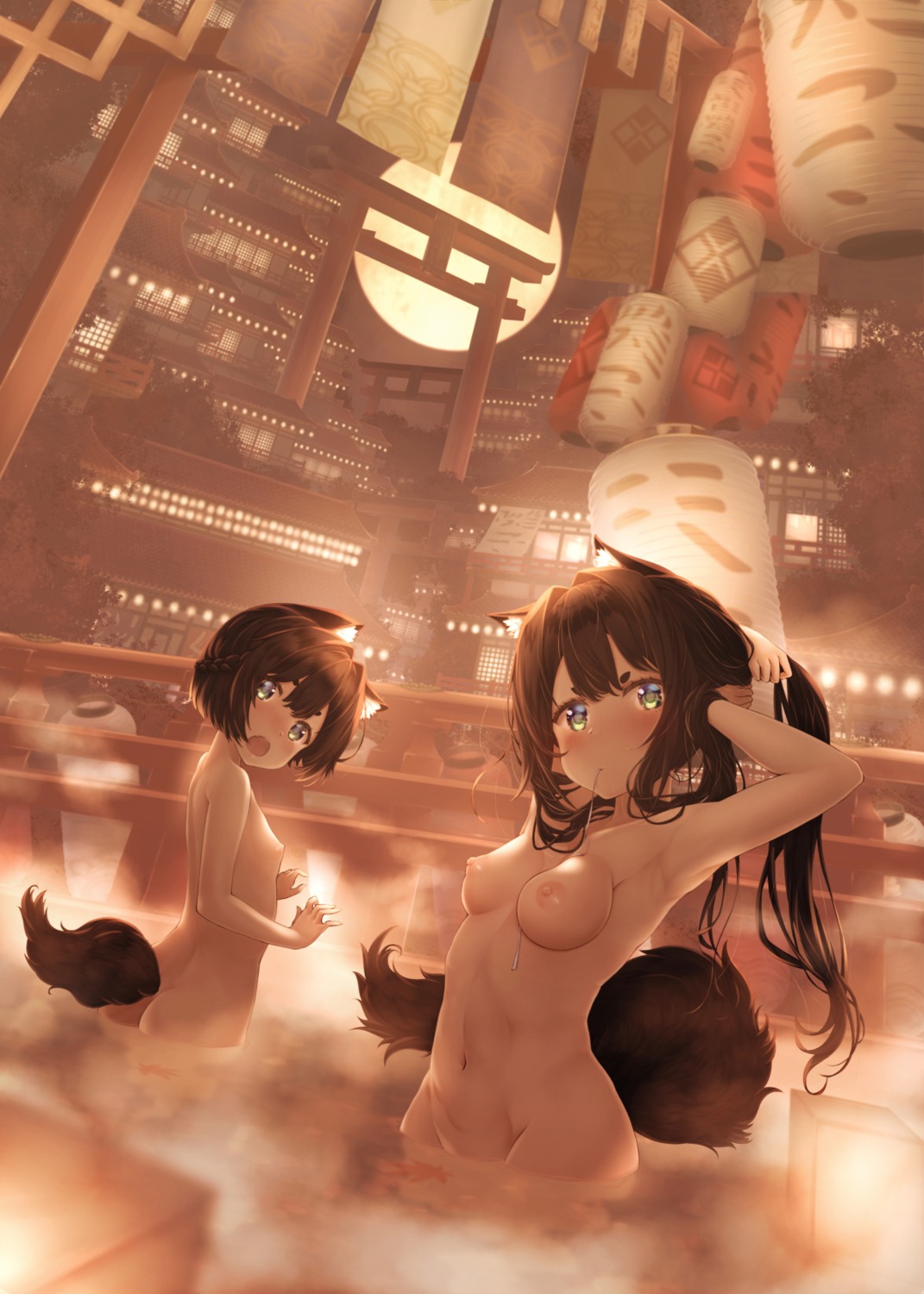 alicia_(schrdingerscat) animal_ears ass bathing loli naked nipples onsen tail wet