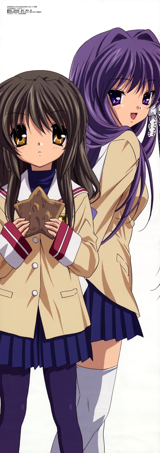 clannad fujibayashi_kyou ibuki_fuuko ikeda_kazumi pantyhose seifuku stick_poster thighhighs