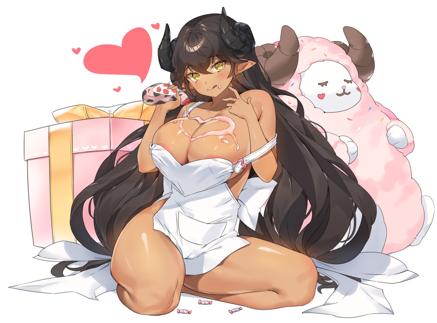 cream gogoco horns naked_apron pointy_ears