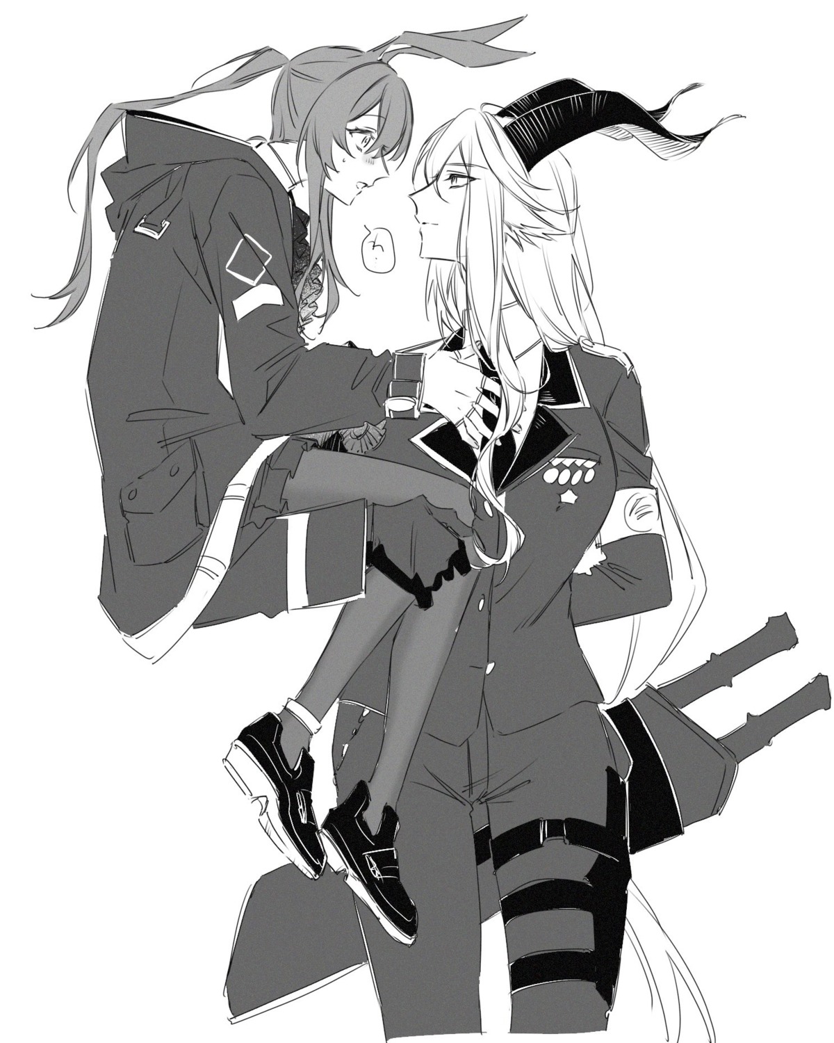 amiya_(arknights) animal_ears arknights bunny_ears degenbrecher_(arknights) garter horns monochrome notf_404 pantyhose sketch skirt_lift sword uniform weapon yuri