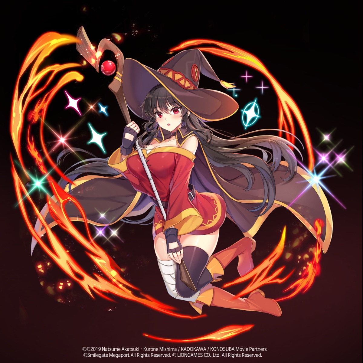 bandages cleavage cosplay dress kono_subarashii_sekai_ni_shukufuku_wo! maett megumin no_bra skirt_lift soul_worker thighhighs weapon witch