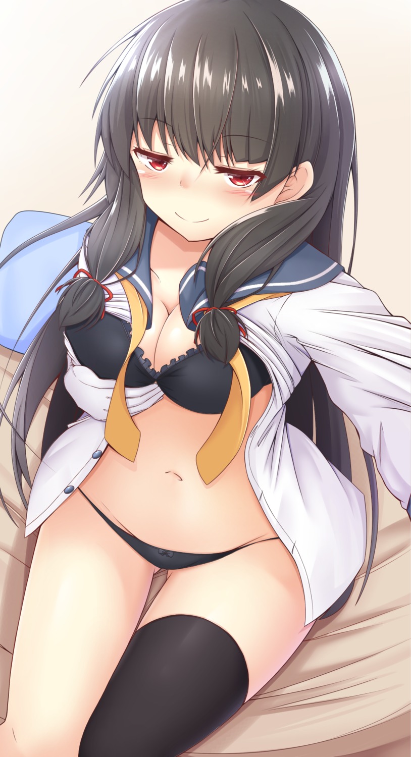 bra breast_hold cleavage doyachii isokaze_(kancolle) kantai_collection open_shirt pantsu seifuku thighhighs