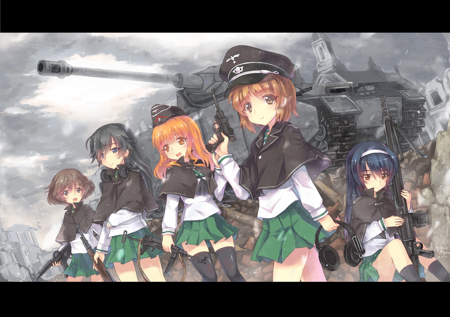 abyss_of_parliament akiyama_yukari girls_und_panzer gun isuzu_hana nishizumi_miho reizei_mako takebe_saori thighhighs