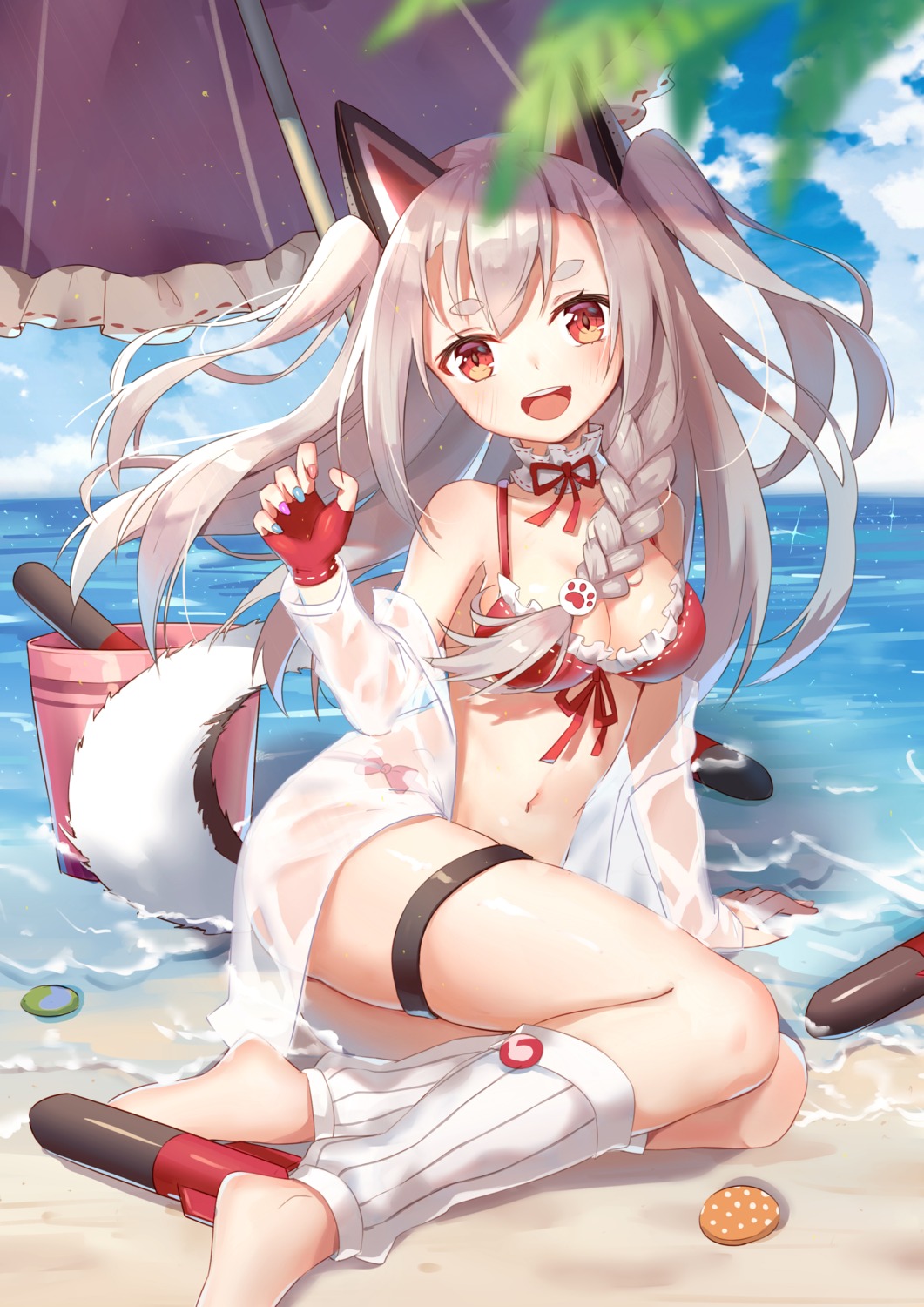 animal_ears azur_lane bikini cleavage garter open_shirt see_through swimsuits tail wet yuhuan yuudachi_(azur_lane)