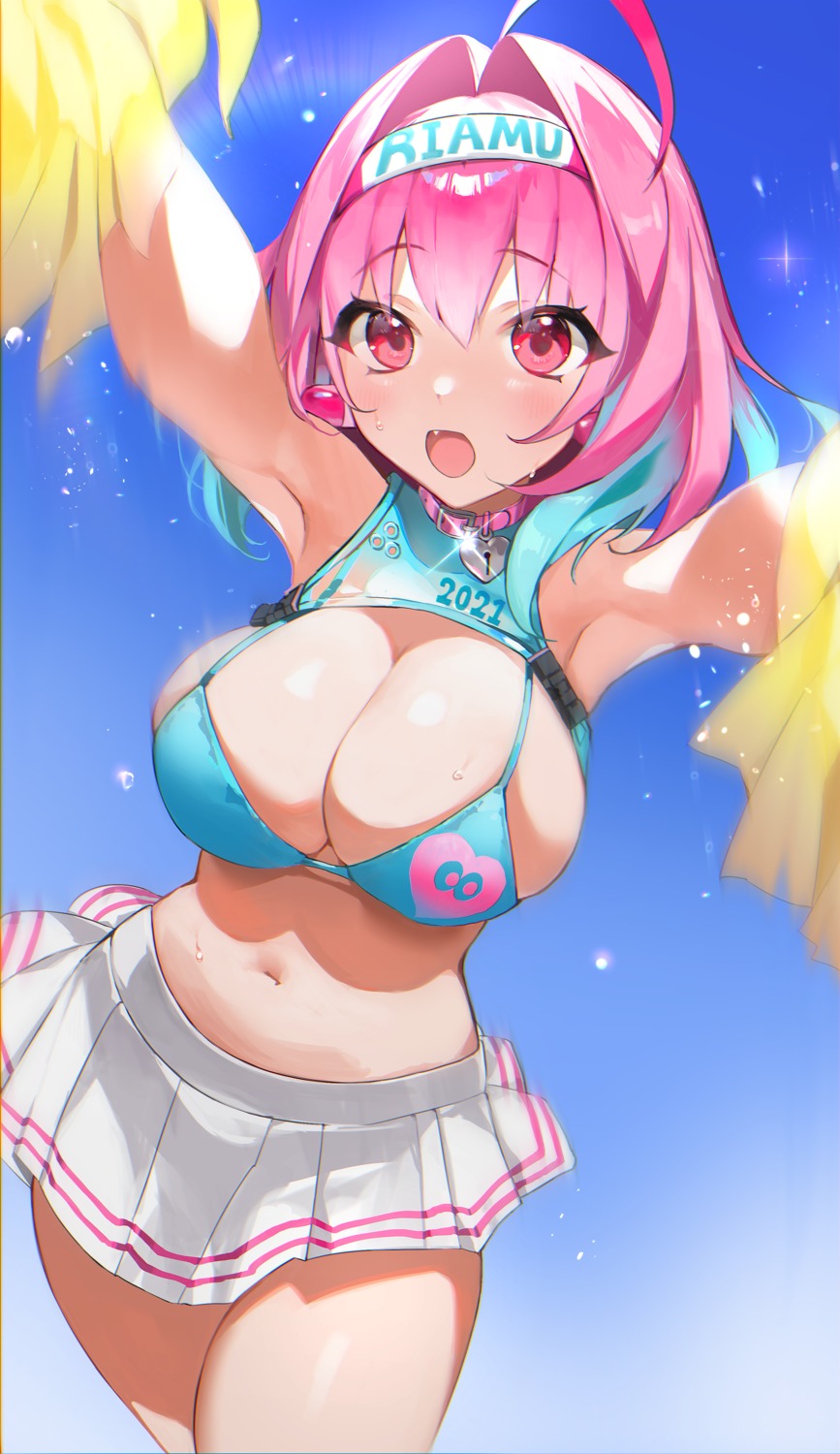 bikini_top cheerleader moko_(moko/moko) skirt_lift swimsuits the_idolm@ster the_idolm@ster_cinderella_girls yumemi_riamu