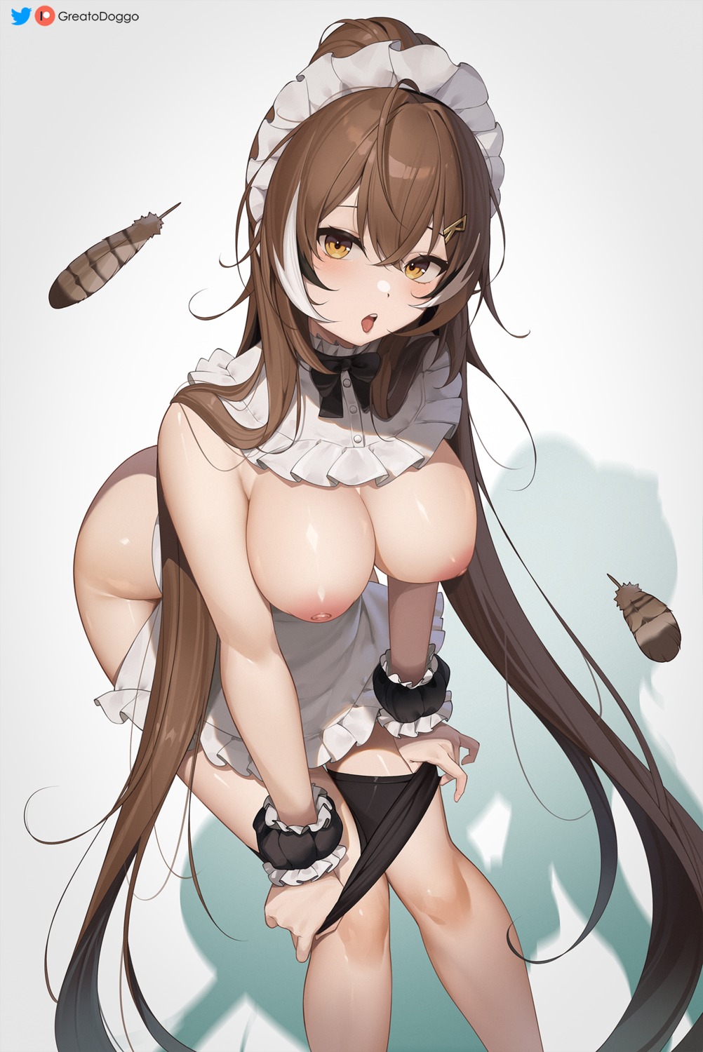 greatodoggo hololive hololive_english maid naked_apron nanashi_mumei nipples pantsu panty_pull undressing