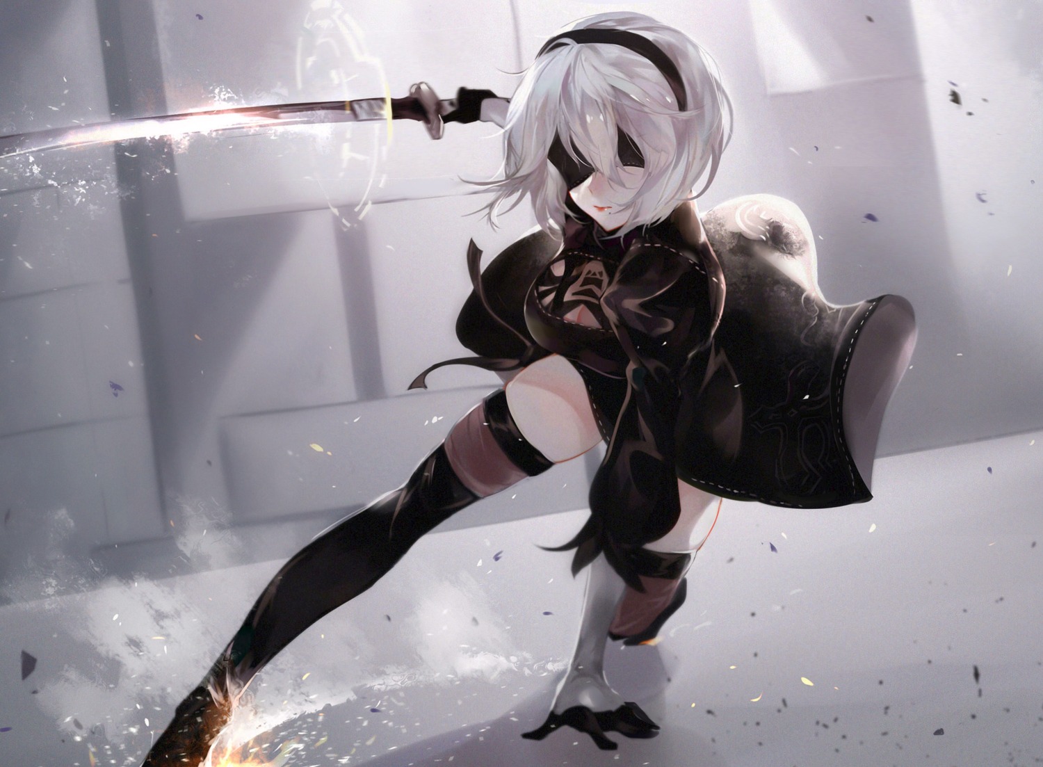 cleavage dress eyepatch heels nier_automata skirt_lift sword thighhighs vardan yorha_no.2_type_b