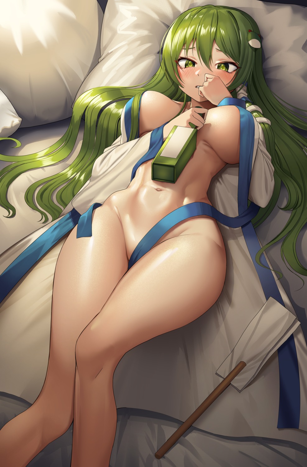 bottomless goback kochiya_sanae no_bra open_shirt touhou