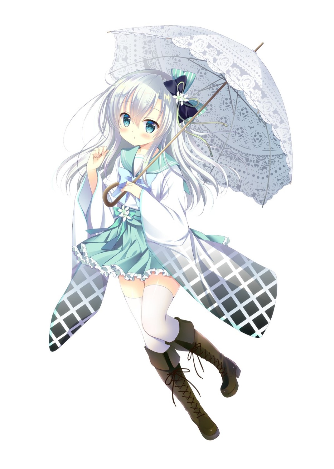 heels onsen_musume seifuku shimoda_rika shirogane_hina thighhighs umbrella