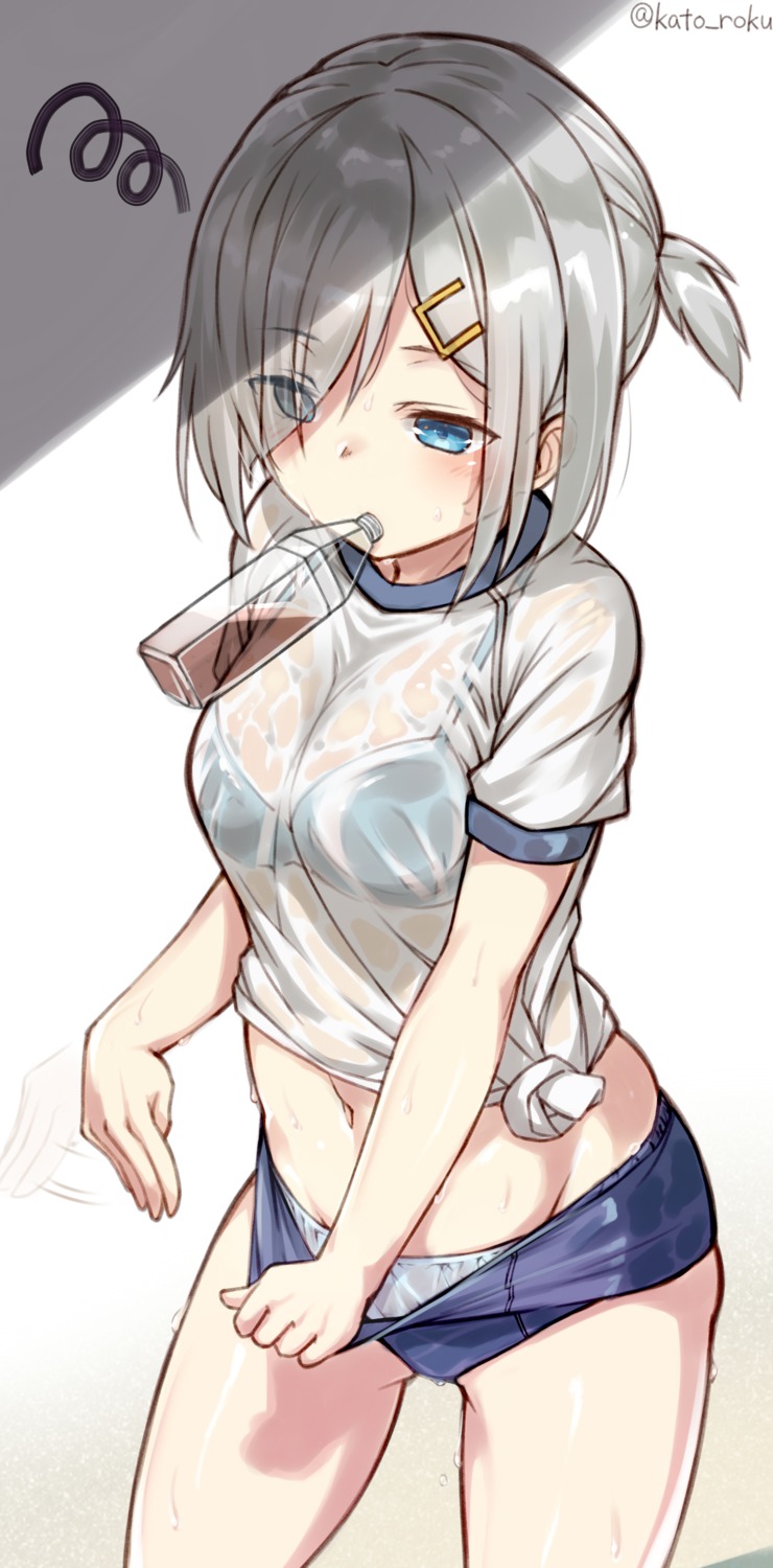 bra buruma gym_uniform hamakaze_(kancolle) kantai_collection kato_roku pantsu see_through undressing wet wet_clothes