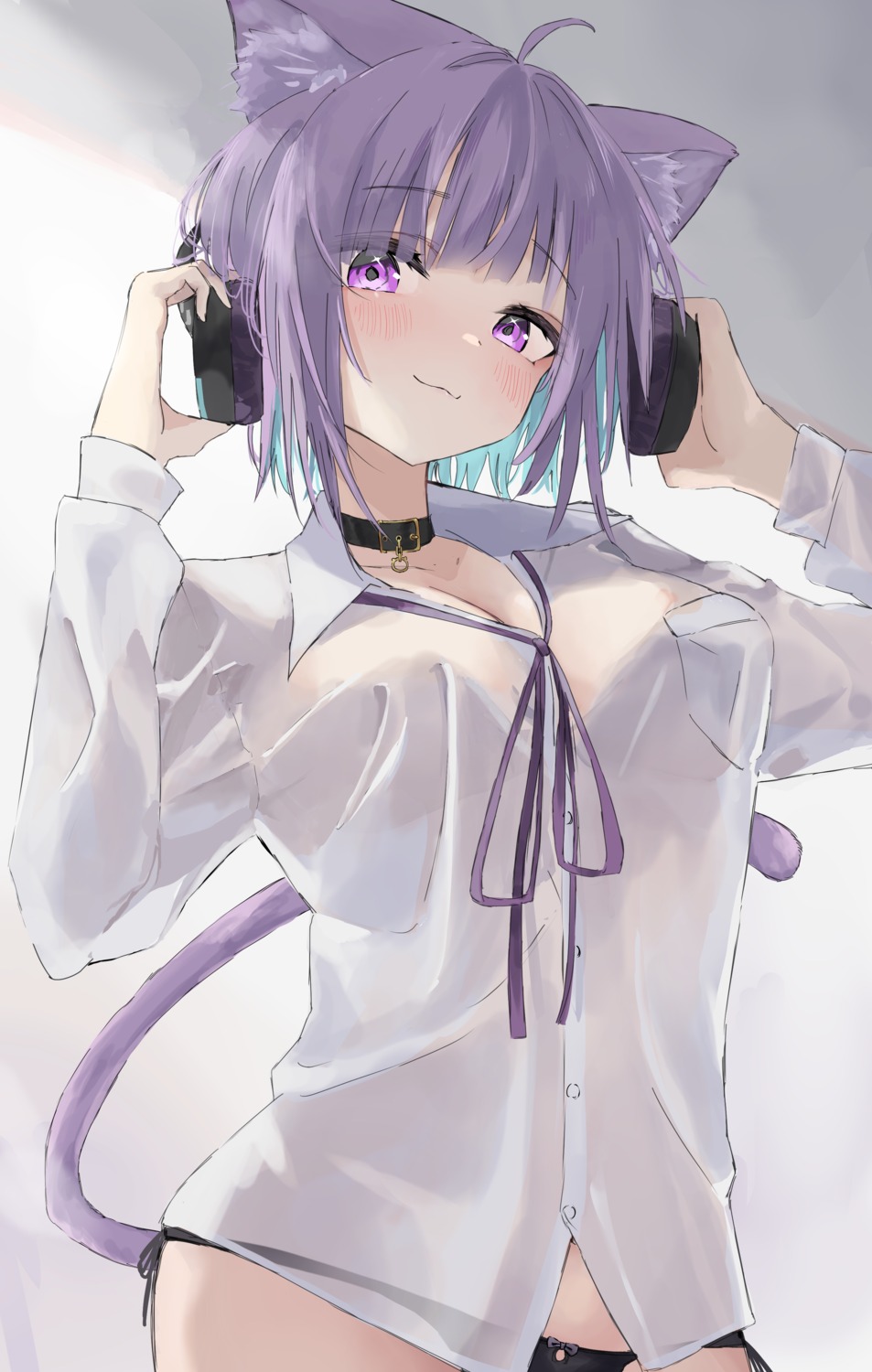 animal_ears dress_shirt gyoku_seisyoku headphones hololive hololive_gamers nekomata_okayu nekomimi pantsu see_through string_panties tail