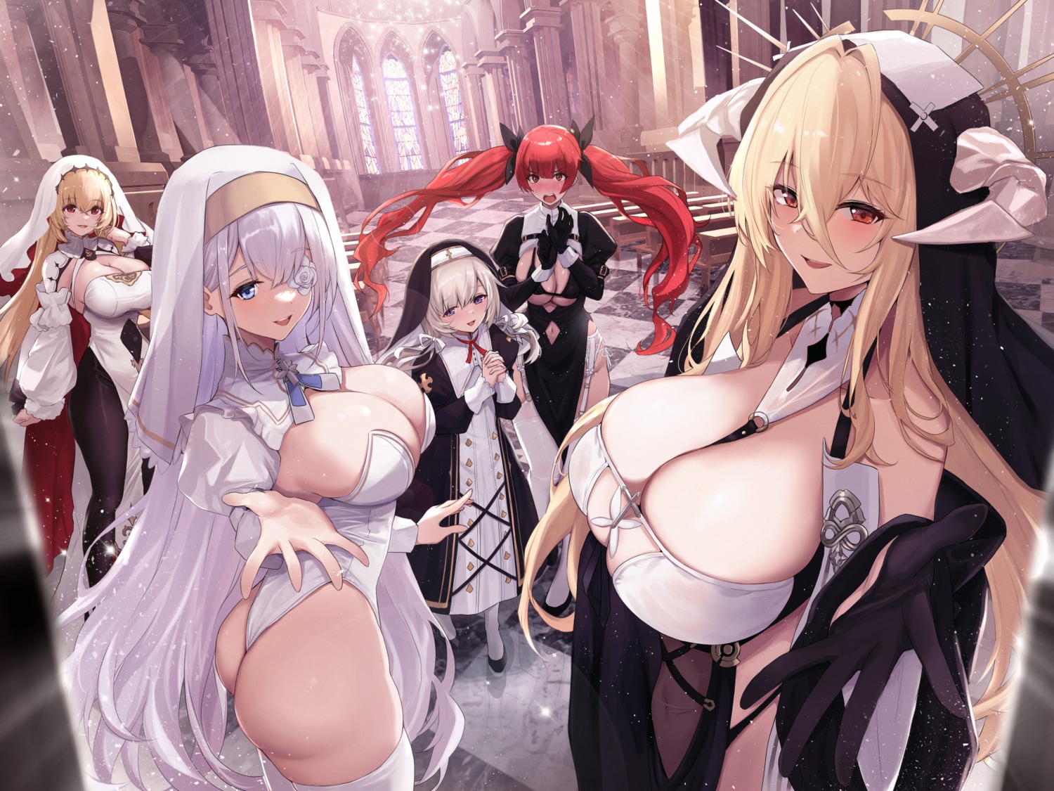 azur_lane bikini_top emden_(azur_lane) eyepatch flandre_(azur_lane) garter_belt honolulu_(azur_lane) horns implacable_(azur_lane) kersaint_(azur_lane) leotard no_bra nun pantsu pantyhose stockings string_panties swimsuits thighhighs untsue