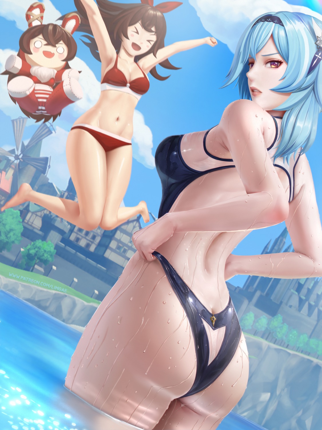 amber_(genshin_impact) animal_ears ass baron_bunny eula genshin_impact limgae swimsuits wet