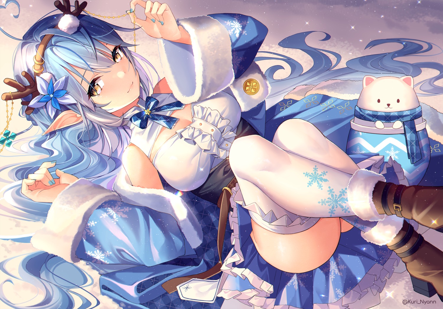 cleavage elf heels hololive horns kuri_(animejpholic) nopan pointy_ears skirt_lift thighhighs yukihana_lamy