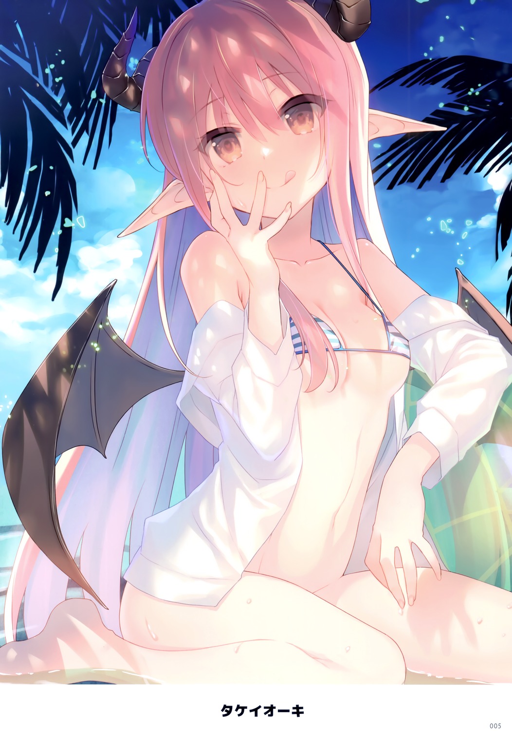 bikini_top bottomless devil dress_shirt horns open_shirt pointy_ears swimsuits takei_ooki wet wings