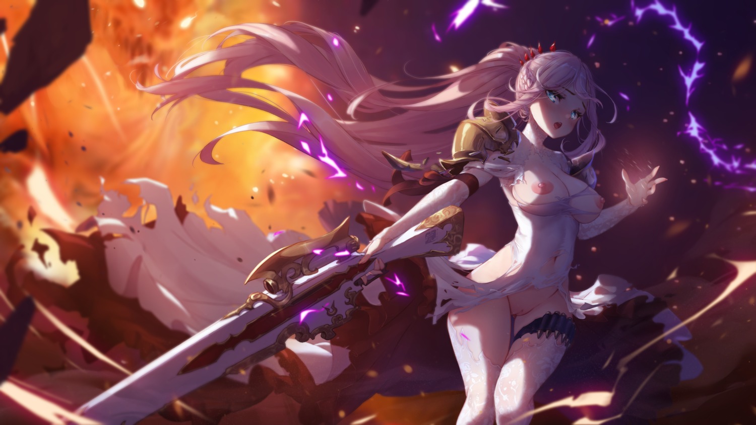 armor breasts garter gun mitsu_(mitsu_art) nipples no_bra nopan pussy skirt_lift tales_of tales_of_arise thighhighs torn_clothes uncensored wallpaper