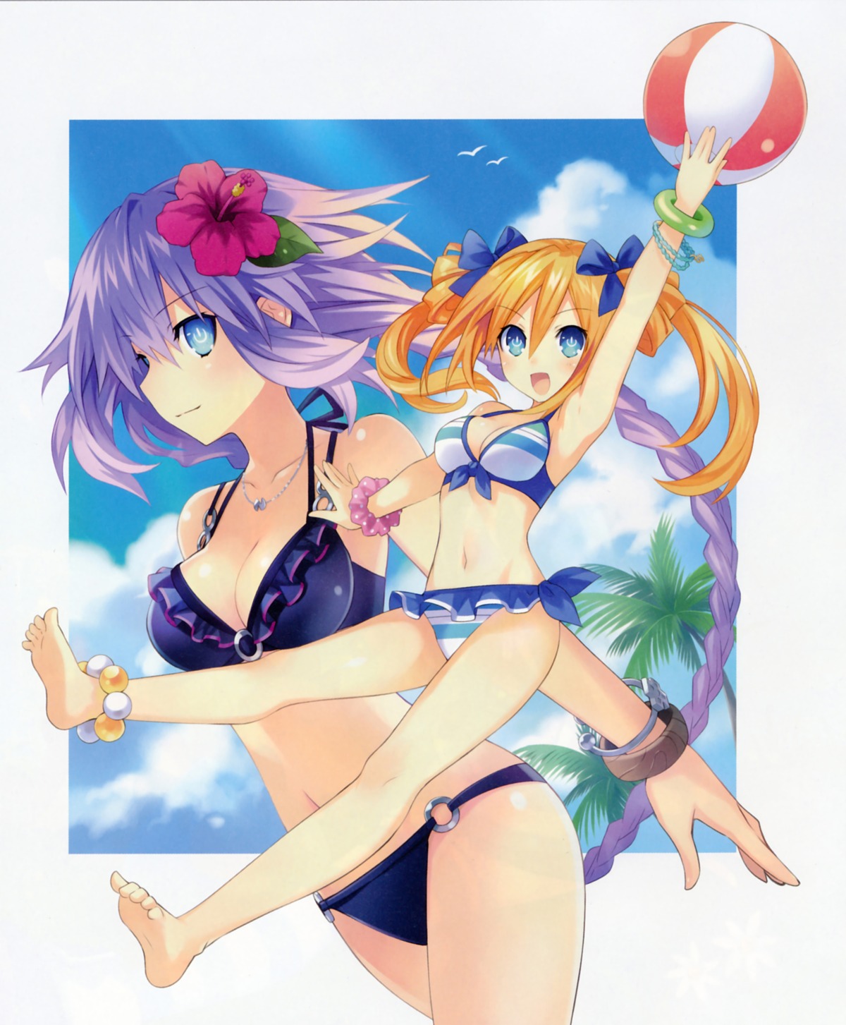 bikini choujigen_game_neptune cleavage feet kami_jigen_game_neptune_v orange_heart purple_heart swimsuits tsunako