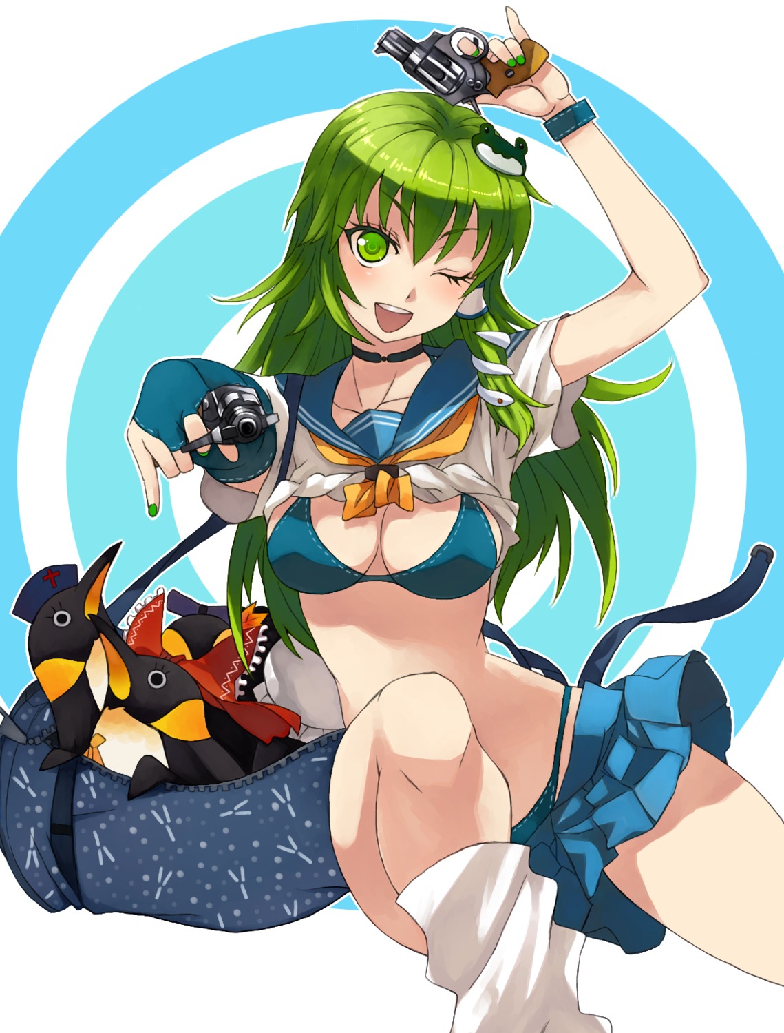 bra caee_penguin cleavage gun kochiya_sanae pantsu penguin seifuku touhou