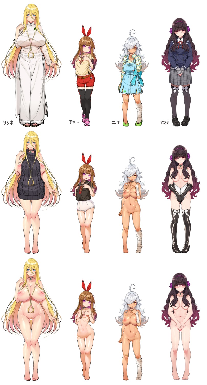 bandages bottomless breast_hold breasts censored character_design cleavage dress kirin_kakeru megane naked nipples seifuku sweater thighhighs topless