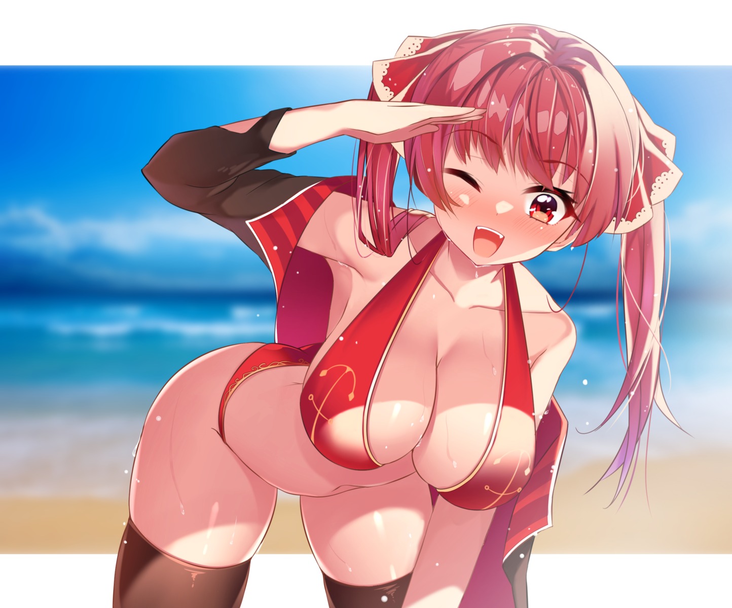 bikini hololive houshou_marine open_shirt swimsuits thighhighs wet yuruto