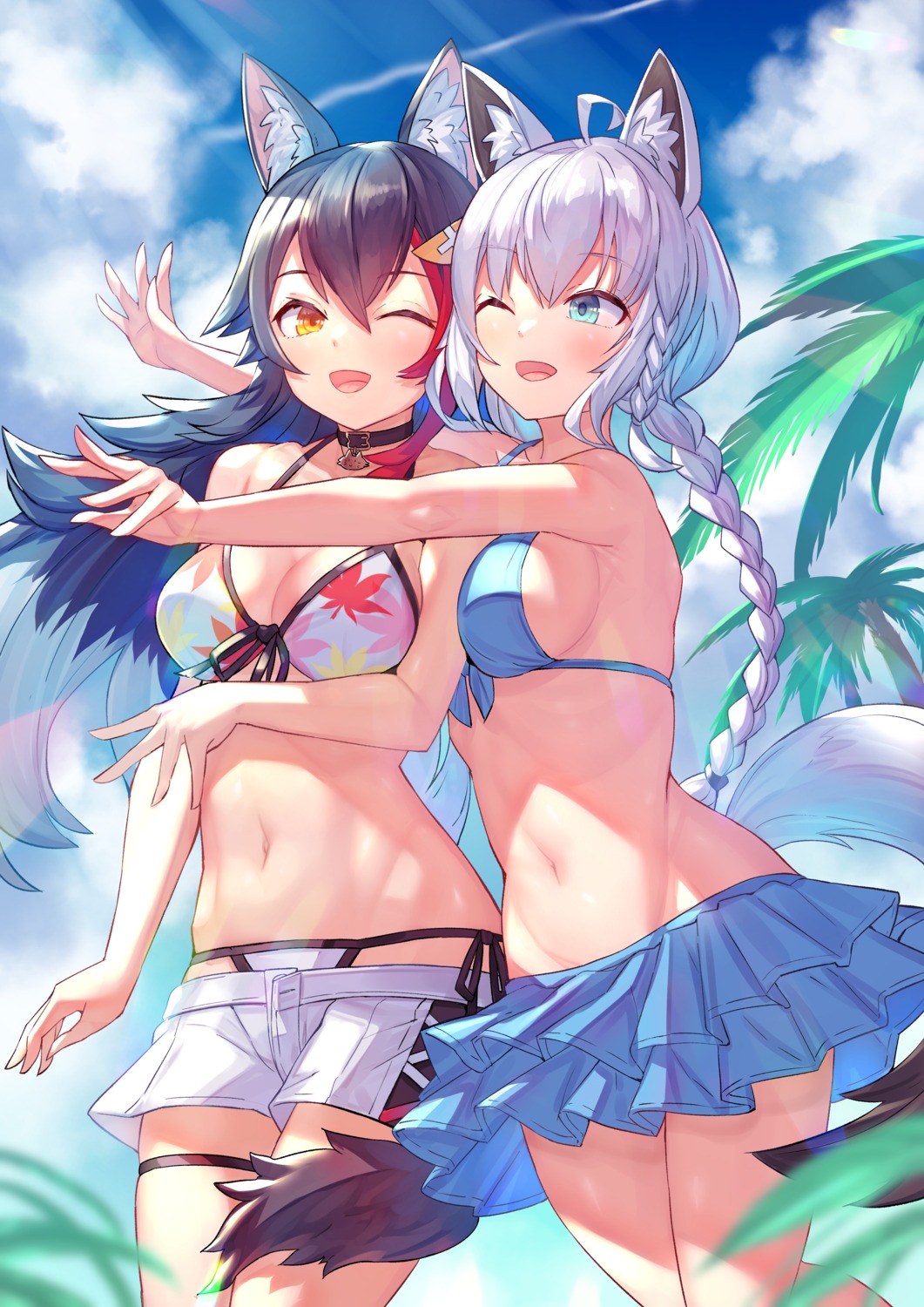 animal_ears arpeggio_kaga bikini garter hololive hololive_gamers kitsune ookami_mio shirakami_fubuki swimsuits tail