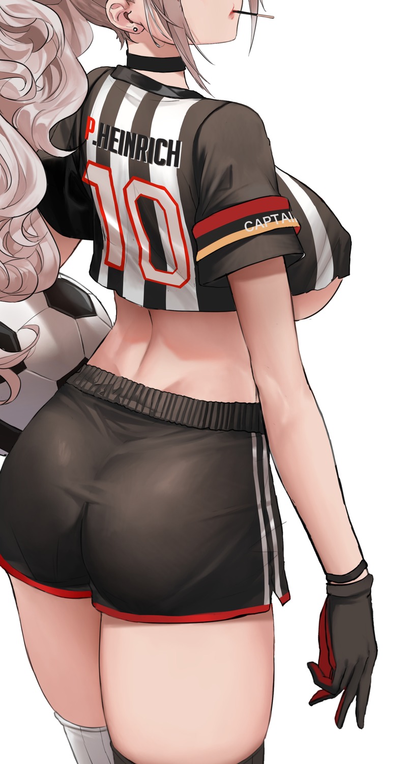 ass azur_lane dishwasher1910 no_bra prinz_heinrich_(azur_lane) soccer thighhighs underboob uniform