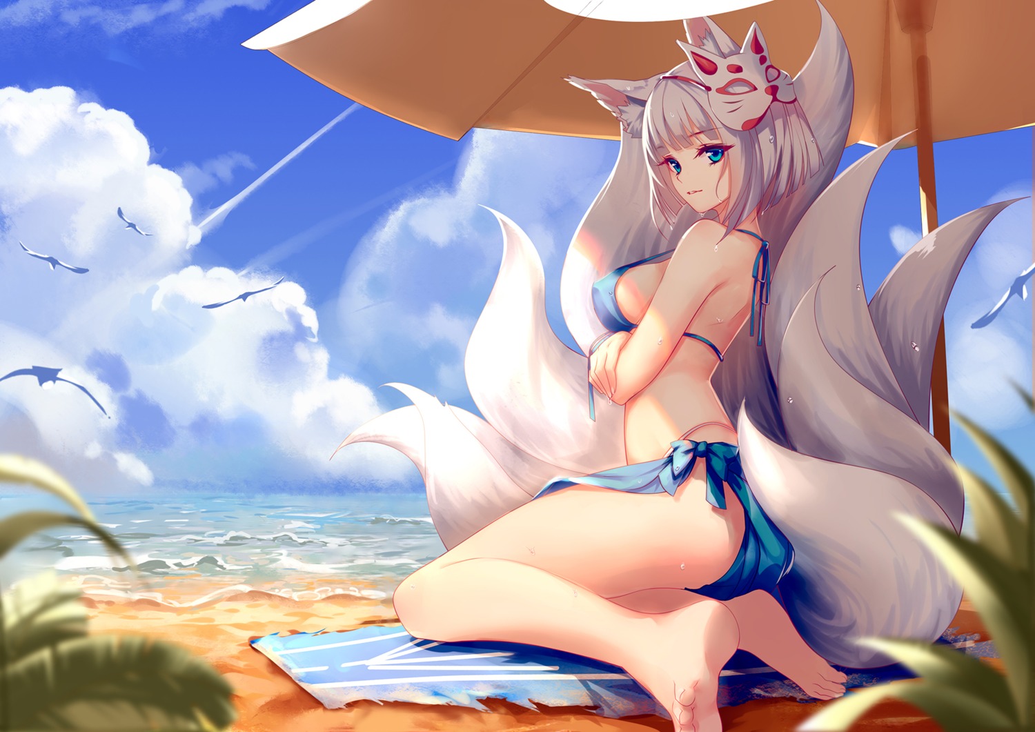 animal_ears azur_lane bikini clouble feet kaga_(azur_lane) swimsuits tail