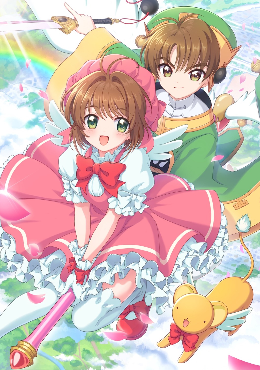 card_captor_sakura dress kerberos kinomoto_sakura li_syaoran mizonomao sword thighhighs wings