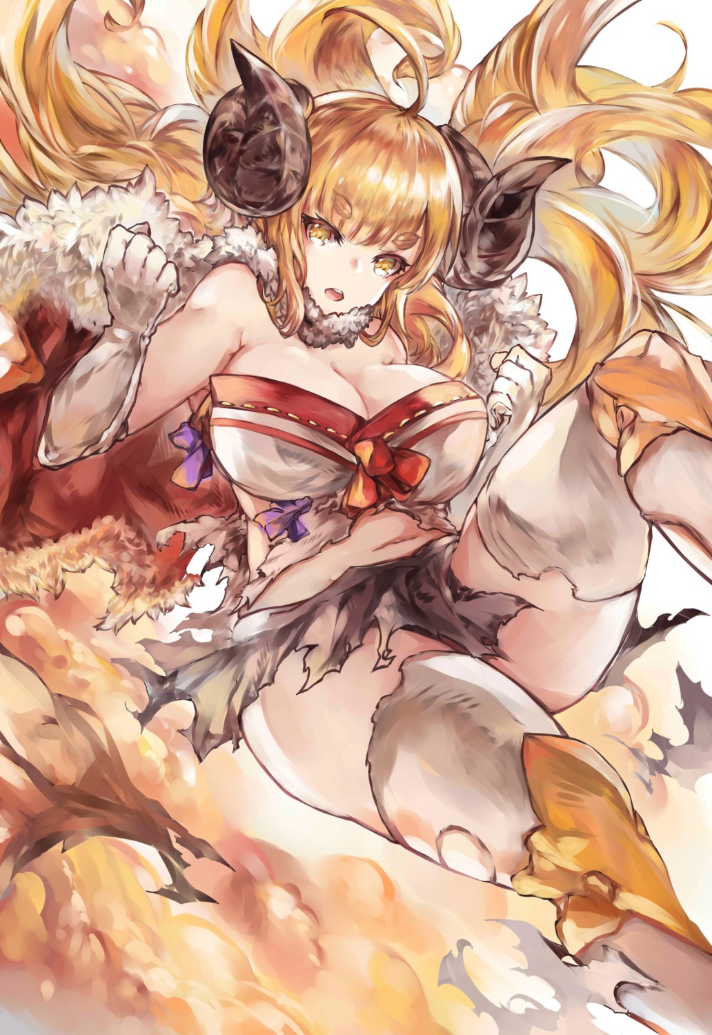 anila_(granblue_fantasy) cleavage granblue_fantasy horns mi_bait thighhighs torn_clothes